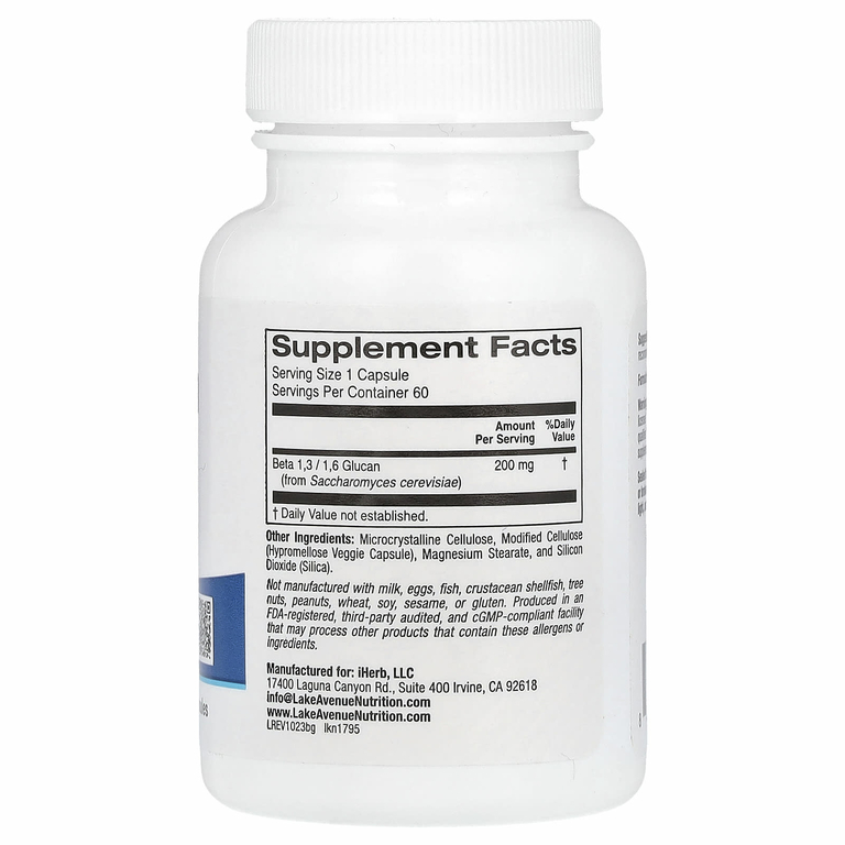 Lake Avenue Nutrition, бета-глюкан 1–3, 1–6, 200 мг, 60 растительных капсул