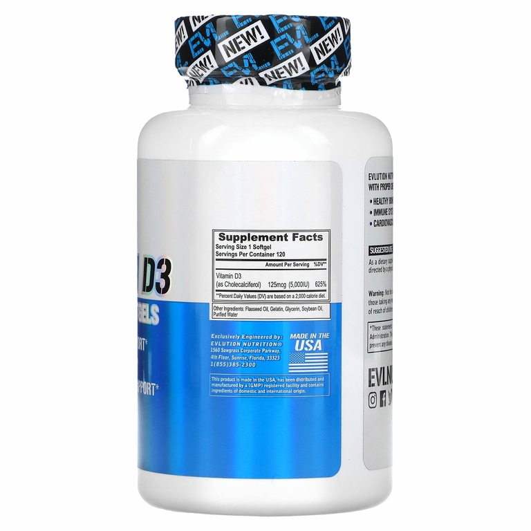 EVLution Nutrition, Витамин D3, 5000 МЕ, 120 мягких таблеток