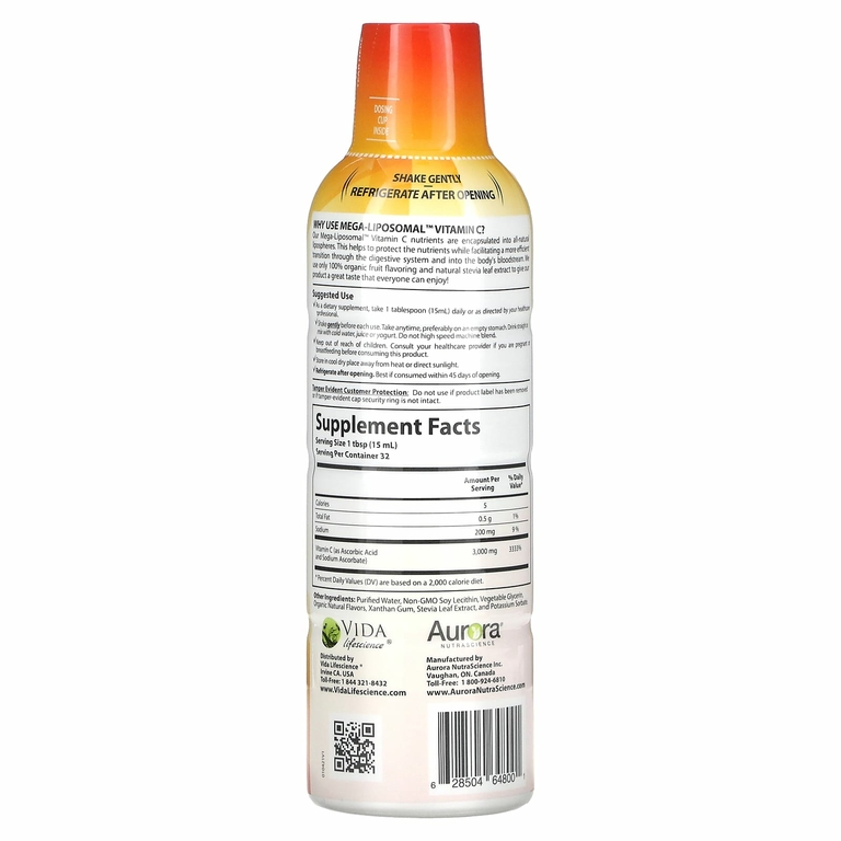 Aurora Nutrascience, Mega-Liposomal Vitamin C, органический фруктовый вкус, 3000 мг, 480 мл (16 жидк. унций)
