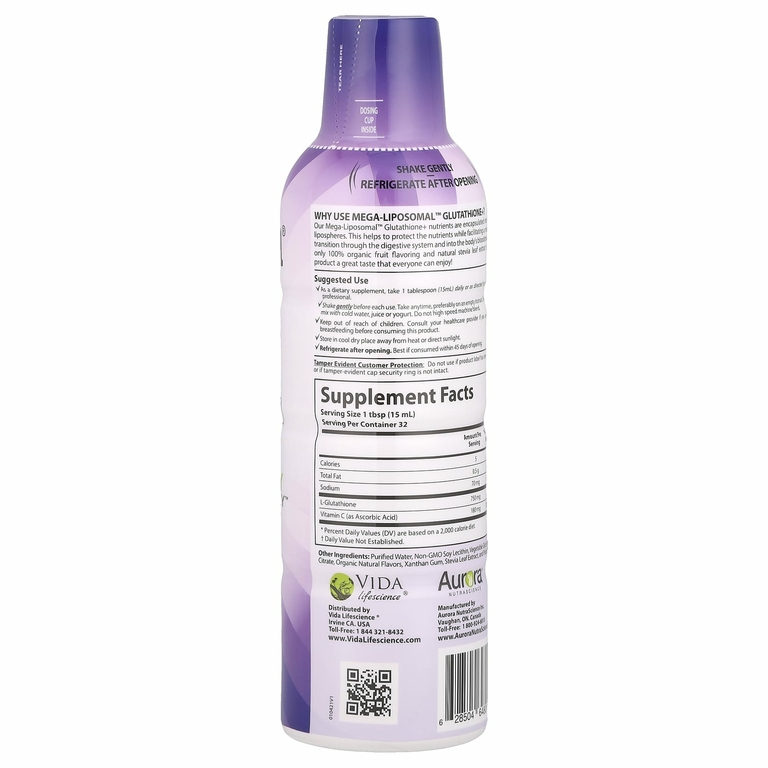 Aurora Nutrascience, Mega-Liposomal™ Glutathione+, глутатион с витамином C, вкус органических фруктов, 750 мг, 480 мл (16 жидк. унций)