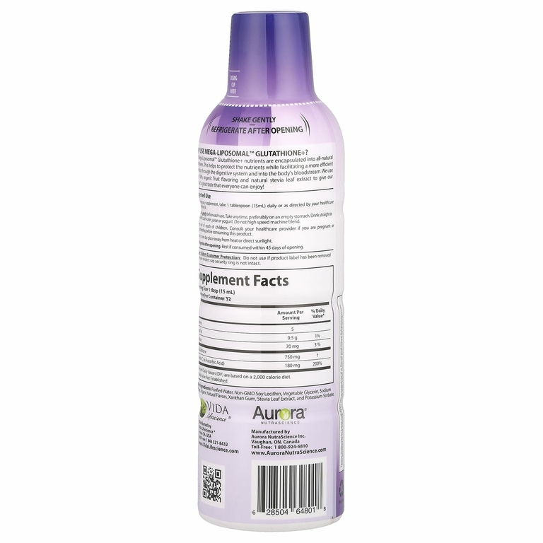 Aurora Nutrascience, Mega-Liposomal™ Glutathione+, глутатион с витамином C, вкус органических фруктов, 750 мг, 480 мл (16 жидк. унций)